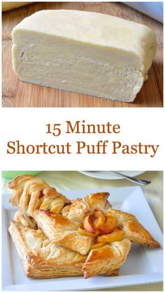 several different types of pastries on a white plate with the words 15 minute shortcut puff pastry