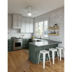 a kitchen with an island and three stools