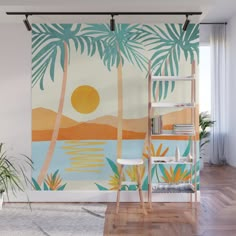 a wall mural with palm trees and the sun in the distance, on a wooden floor