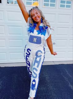 Preppy Senior Overalls, Senior Year Overall, Western Senior Overalls, Senior Overalls Blue And White, Cute Senior Overalls, Decorated Overalls Homecoming, Senior Hoco Overalls