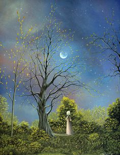 a painting of a woman standing under a tree with the moon in the sky above her