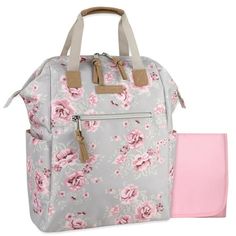 a gray and pink flowered backpack next to a baby's diaper bag