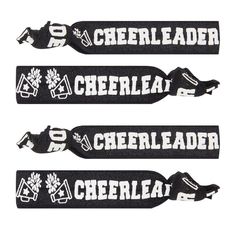 Award your team for accomplishments with this 50-pack of black cheerleader ponytail holders. The sturdy hair scrunchies can double as cheer bracelets for girls, boys, and coaches. The 4-inch bracelets feature "cheerleader" in a bold white letter with a megaphone and pom-pom design. Each cheer ribbon is made from polyester, so you can avoid pulling or damaging your hair during removal. This bulk pack is the perfect choice to show your spirit in and out of uniform. Cheerleader Ponytail, Cheer Bracelets, Cheer Camp Gifts, Camp Gifts, Cheer Ribbon, Black Cheerleaders, Cheerleader Gifts, Bracelets For Girls, Cheer Camp