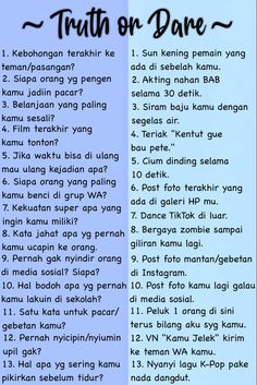 Truth or dare bahasa indonesia Truth Or Dare Bahasa Indonesia, Truth Or Dare Questions Indonesia, Truth Or Dare Online, Boyfriend Rules, Bingo Template