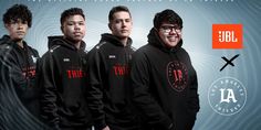 three men in black hoodies standing next to each other with the words true on them