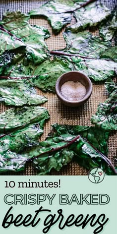 crispy baked beet greens with text overlay reading 10 minutes crispy baked beet greens