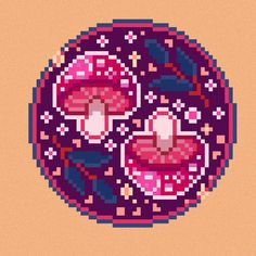 an image of a cross stitch pattern in the shape of a circle with mushrooms on it