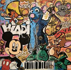 an image of mickey mouse and other cartoon characters on a wall with graffiti in the background