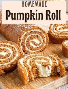 homemade pumpkin roll on a cutting board with text overlay