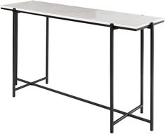 a white marble top and black metal frame console table with an open shelf on one side