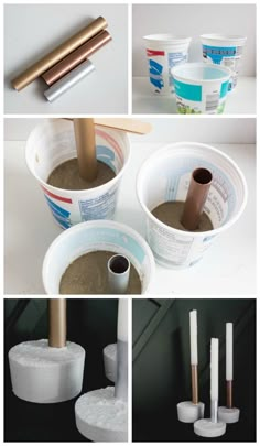 several pictures of different types of toilet paper in cups and bowls, with one being rolled up to the side