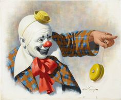 a drawing of a clown throwing a yellow ball into the air with his hand and mouth