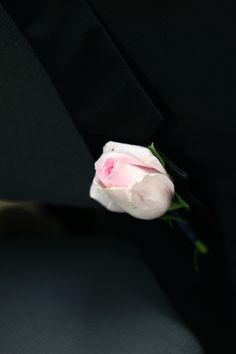 a single pink rose sitting on the lapel of a black suit pocketed jacket