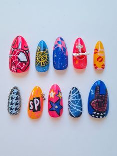 spiderpunk hobie brown handmade press-on nails Spider Punk Nails, Transformers Nails, Spiderpunk Hobie Brown, Spiderman Nails Designs, Marvel Nails Designs, Spiderman Nails, Superhero Nails, Marvel Nails