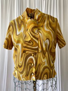 60s Psychedelic Yellow Top - Etsy Chic Retro Print Tops For Summer, Vintage Tie Neck Tops For Spring, Spring Retro Tie-neck Tops, Spring Retro Tie Neck Tops, Retro Tie Neck Tops For Spring, Retro Fitted Tie-neck Top, Womens Blouses, Yellow Top, San Francisco