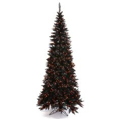 a tall black christmas tree with lights on it's top and bottom branches in front of a white background