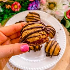 a hand holding up a peanut butter and jelly cookie with chocolate drizzled on top