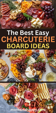 Three Photos of Charcuterie Boards. Text says, "The Best Easy Charcuterie Board Charcuterie Board Buffet Table, Charcuterie Board Tiered, Charcuterie Meat Board, Charcuterie For A Large Crowd, What To Add To A Charcuterie Board, Cheese Board No Meat, Bougie Charcuterie Board, Chucudery Board, Charcuterie Board Ideas Rectangle