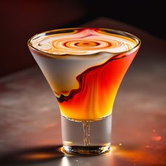 a glass filled with liquid sitting on top of a wooden table next to a red and yellow swirl