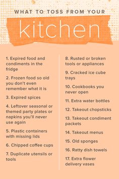 an orange and white poster with the words, what to toss from your kitchen