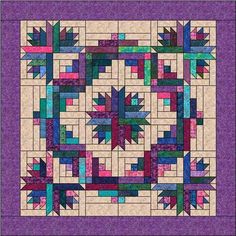 a purple quilt with an intricate design on the front and side, in different colors