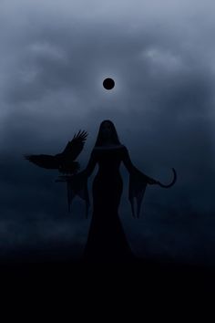 a woman standing in front of a dark sky with two crows flying over her head