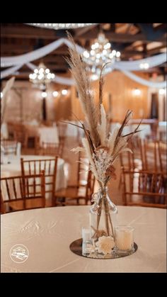 the centerpieces in this wedding reception are made from dried flowers and pamodia