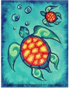 a painting of a turtle swimming in the ocean with bubbles on it's back