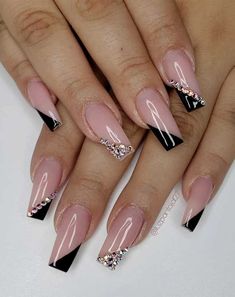 Rhinestones Nails, Nails With Black, Nail Art Designs Images, Fancy Nails Designs, Cute Acrylic Nail Designs, Long Acrylic Nails Coffin, Nails 2021, Acrylic Nails Coffin Short