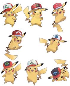 pokemon pikachu with various hats and signs on their backs, all in different positions