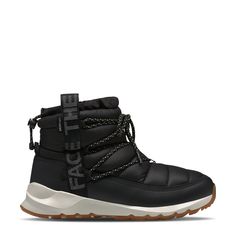 Brave those wet and snowy days with your feet snugly wrapped in these women's The North Face Thermoball TNF Black/Gardenia white winter boots. Made of water-repellent, recycled P. E. T. ripstop upper with a waterproof DryVent bootie construction, these cold weather booties have a round toe front and pull-on design with lace-up front panel for a snug fit and bungee collar with toggle to keep snow away. Features include non-PFC durable water-repellent finish to help keep feet dry, dual webbing pul Functional White Waterproof Boots, White Boots For Winter Sports, Casual White Boots For Winter Sports, White Waterproof Boots For Winter Outdoor Activities, Functional White Outdoor Boots, White Boots For Cold Weather, White Waterproof Boots For Outdoor Activities, Functional Waterproof Winter Boots For Cold Weather, White Insulated Boots For Outdoor Activities