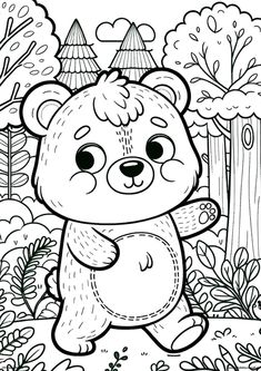 a teddy bear in the forest with trees and bushes behind it, coloring pages for kids