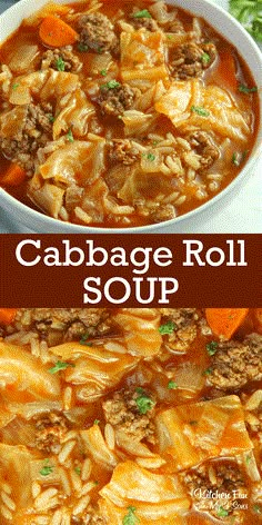 cabbage roll soup in a white bowl with carrots and parsley