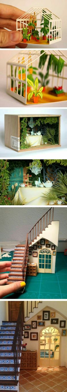 three different views of a model house and staircase