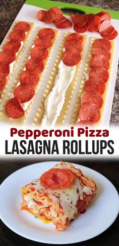 pepperoni pizza lasagna rollups on a white plate with text overlay