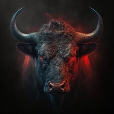 an artistic painting of a bull with red eyes