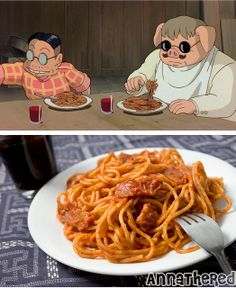 two pictures one with spaghetti and the other with cartoon characters eating spaghetti together, while another shows an animated character holding a fork