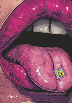 an illustration of a pink lip with a smiley face on it