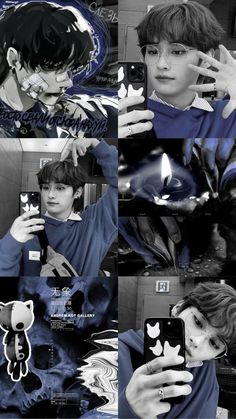 black and white photo collage with boy in blue shirt looking at cell phone while holding up his hand