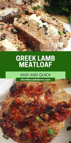 greek lamb meatloaf with tomatoes, olives and feta cheese on top