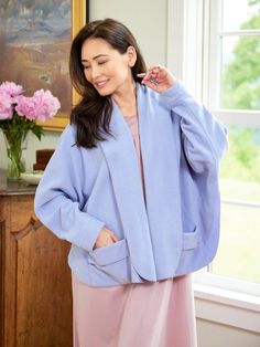 Women's Vermont Snuggler Fleece Periwinkle Wrap Shawl With Pockets, Bathrobes For Women, Fleece Shawl, Shrug Style, Vermont Country Store, Ladies Turtleneck Sweaters, Open Front Sweater, Star Sweater, Country Store