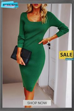 Lidia Ribbed Midi Sweater Dress - Green Green Ribbed Bodycon Dress For Fall, Casual Ribbed Bodycon Dress For Work, Casual Bodycon Midi Dress With Square Neck, Casual Square Neck Bodycon Midi Dress, Winter Stretch Dresses With Square Neck, Winter Square Neck Bodycon Dress, Ribbed Winter Dress For Work, Spring Ribbed Mini Dress With Square Neck, Green Ribbed Mini Dress For Winter