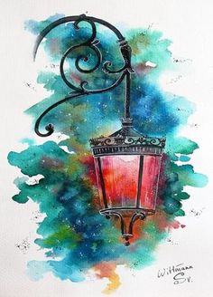 a watercolor painting of a street light