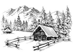 a cabin in the mountains with snow and fir trees sketched by hand on a white background