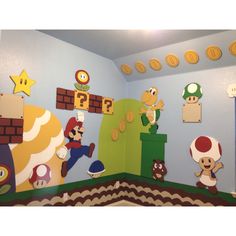 a room with mario and luigi themed decorations on the walls, including paper cutouts