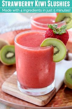 two glasses filled with strawberry kiwi smoothie next to sliced kiwis