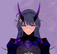 an anime character with horns on her head wearing glasses and a purple outfit is looking at the camera