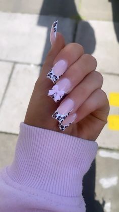 Lepord print nails # Square Shaped Nails Long, Boujee Acrylic Nail Designs, Xl Acrylic Nails Square, Lepord Print Nails Design, Lepord Nails Acrylic French Tip, Lv Nails Louis Vuitton, Pink Cheetah Print Nails, Duo Nails, Initial Nails