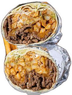 two burritos sitting on top of each other covered in meat and cheese,