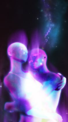 an image of two people hugging in the air with bright lights coming from behind them